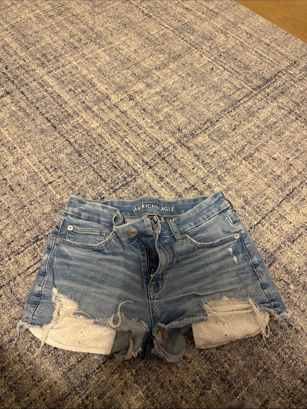 American Eagle Outfitters Light Blue Distressed Denim Shorts with Lace Inset